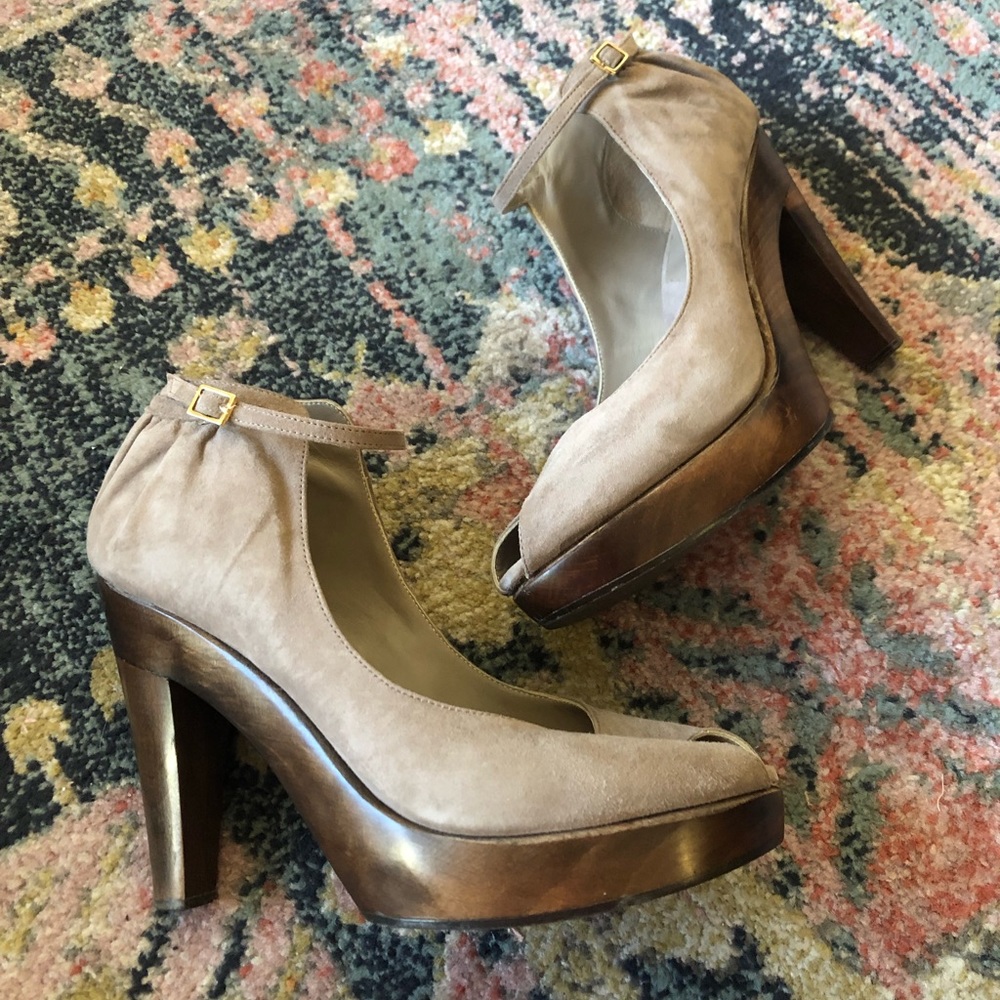 Loeffler Randall Isadora Suede Taupe Peep Toe Platforms Size 10